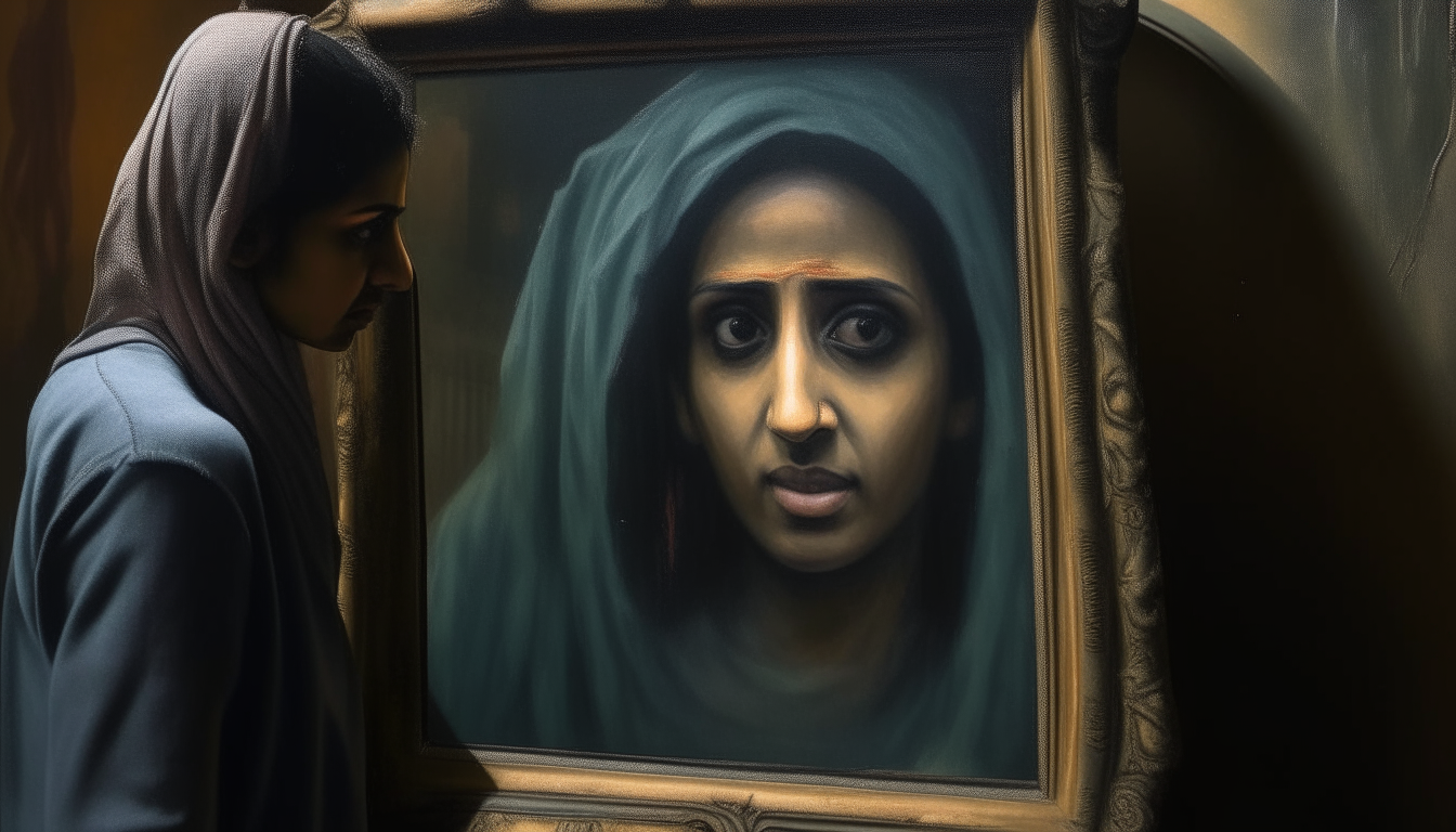 A mysterious driver named Omar presents a haunting painting to his friend Hassan. The painting depicts a beautiful yet eerie woman with distorted features.