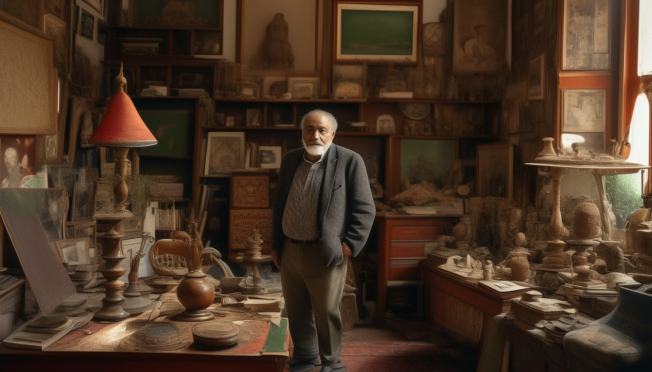 An ordinary man named Hassan stands in the center of a small, quiet home surrounded by his collection of old artifacts and artworks including antique books, vases, paintings and more. The space is filled with history and beauty.