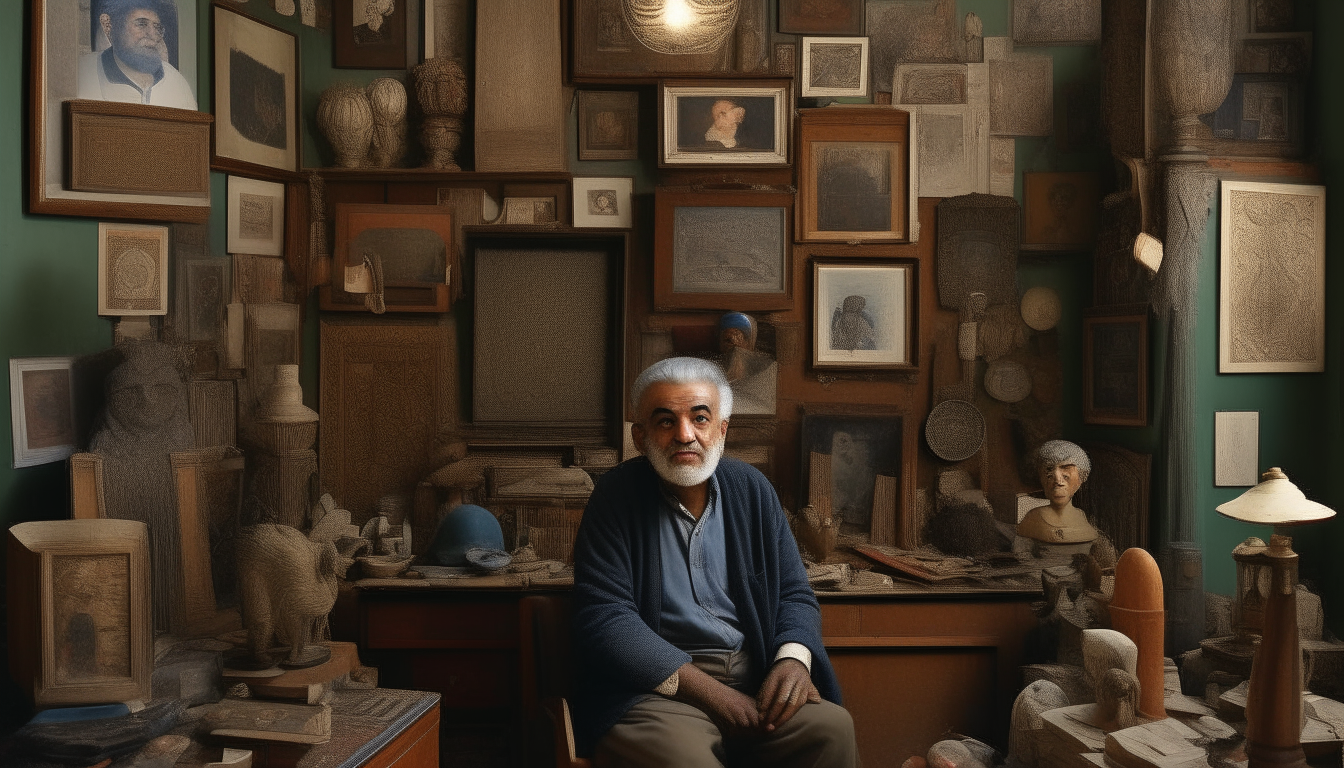 "Generate an image of Hassan, an ordinary man, surrounded by his collection of old artifacts and artworks in his small, quiet home."