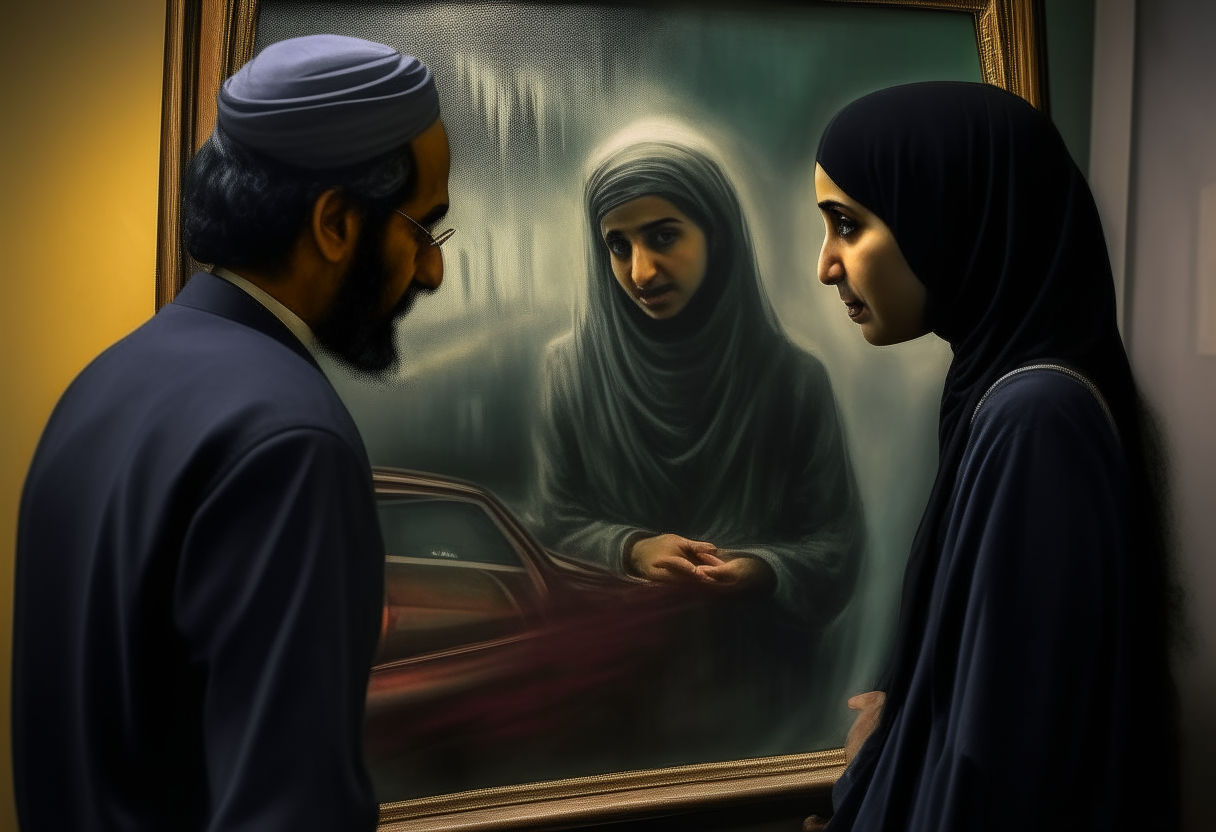 "Create an image of the mysterious driver, Omar, presenting the eerie painting to Hassan, with the distorted depiction of a beautiful yet haunting woman."