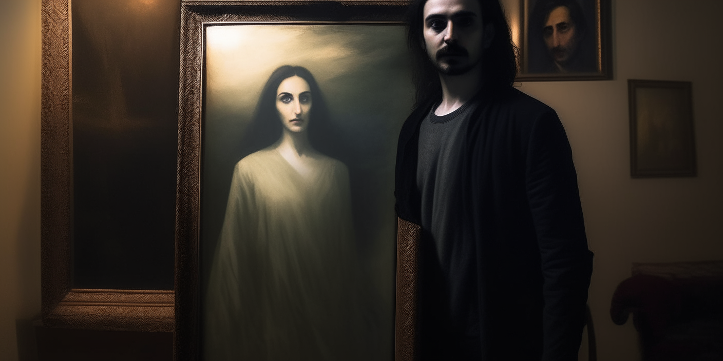 A mysterious driver named Omar stands in a dimly lit room, holding out a large canvas painting to a man named Hassan. The painting shows a beautiful woman with pale skin and dark, flowing hair, but her features are blurred and distorted in an unsettling way.