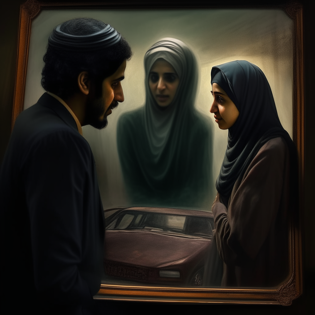 "Create an image of the mysterious driver, Omar, presenting the eerie painting to Hassan, with the distorted depiction of a beautiful yet haunting woman."