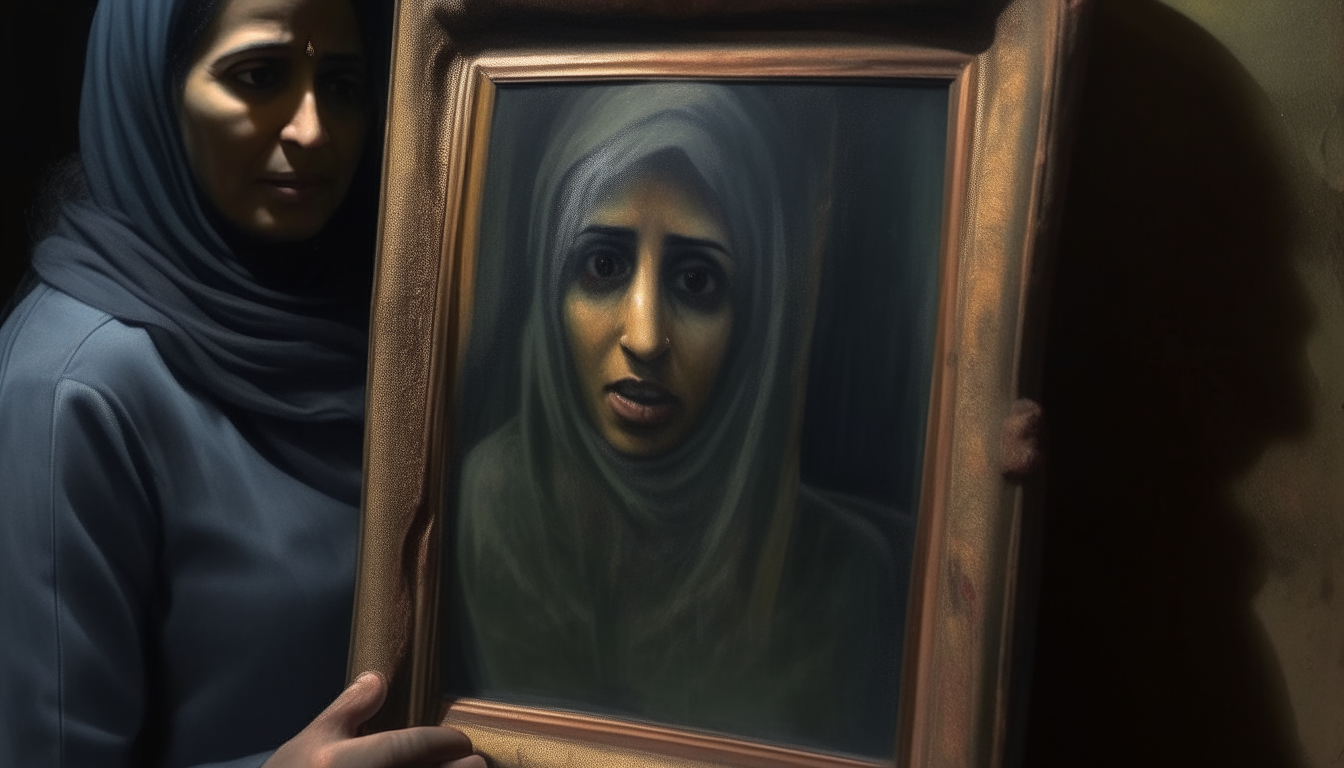 A mysterious driver named Omar presents a haunting painting to his friend Hassan. The painting depicts a beautiful yet eerie woman with distorted features.