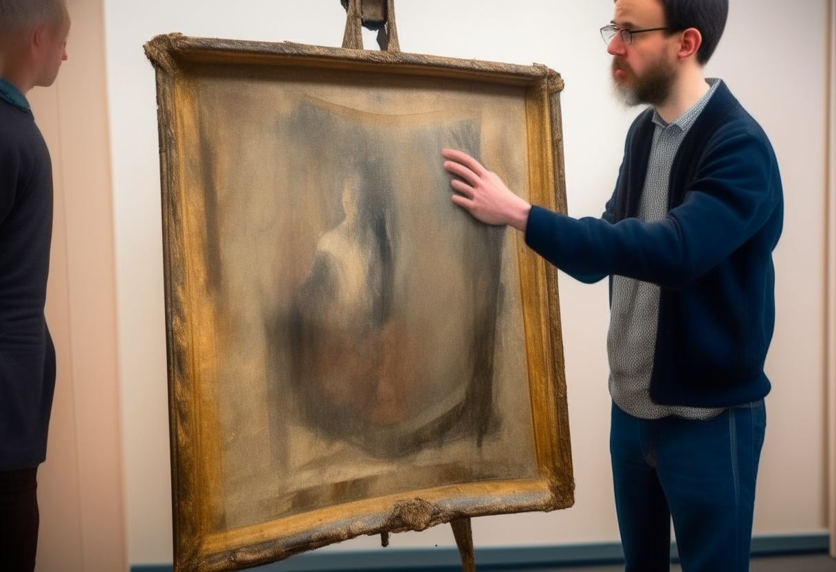 A man stands holding the mysterious painting, examining its distorted features.
