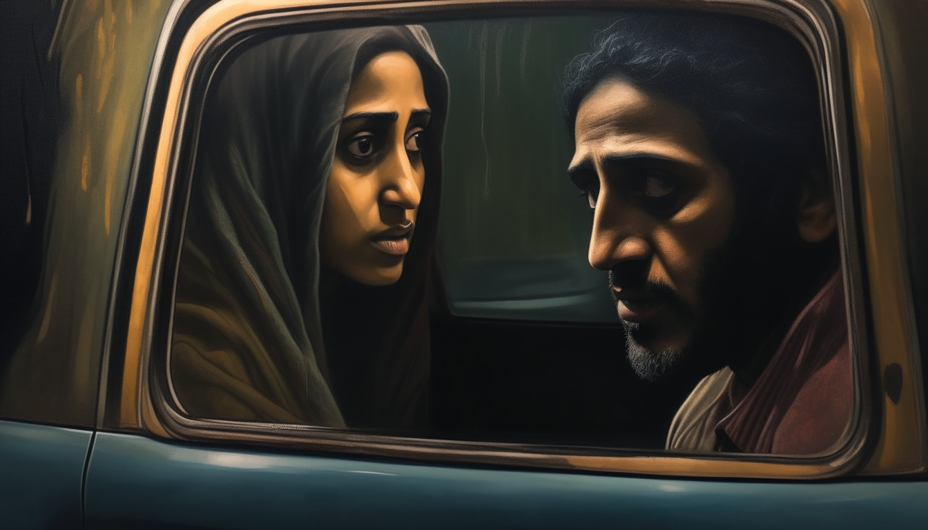 A mysterious driver named Omar presents an eerie painting to his friend Hassan. The painting depicts a beautiful woman with haunting, distorted features.