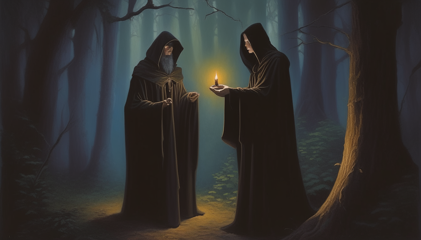 A man gives another man a painting of a scary woman wearing a dark cloak, standing in a forest at night, holding a candle