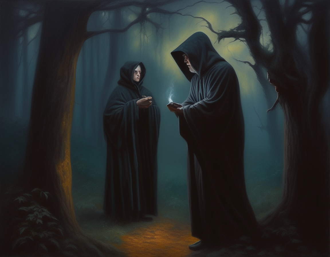 A man gives another man a painting of a scary woman wearing a dark cloak, standing alone in a forest at night, realistic oil painting style