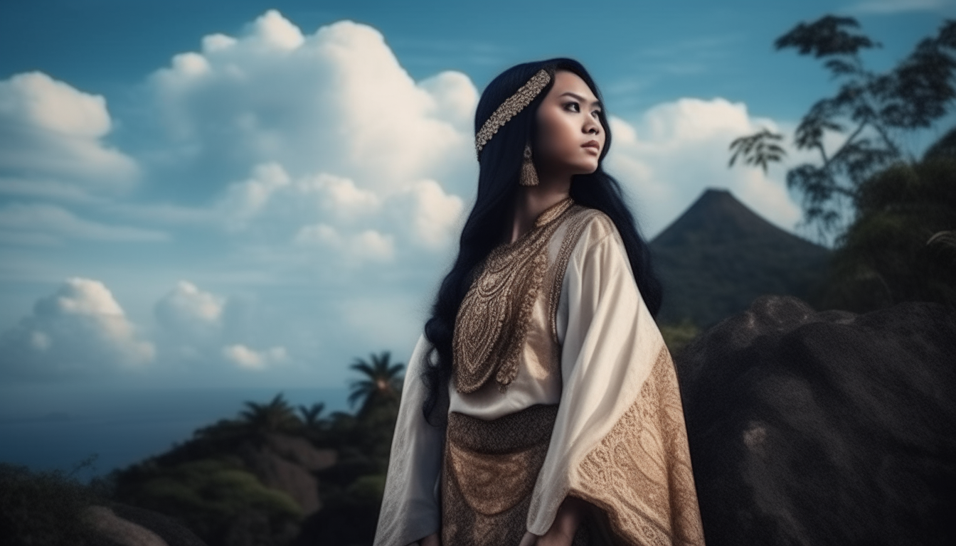 a very beautiful curvy Javanese queen, natural beauty without make up, black long hair, gentle breeze, calm but deep killing looking in the eyes, standing on a mountain located in Indonesia, white cloud below, gracefully looking to the camera over her shoulder, back view shot, coconut trees, mountain, blue sky with white cloud