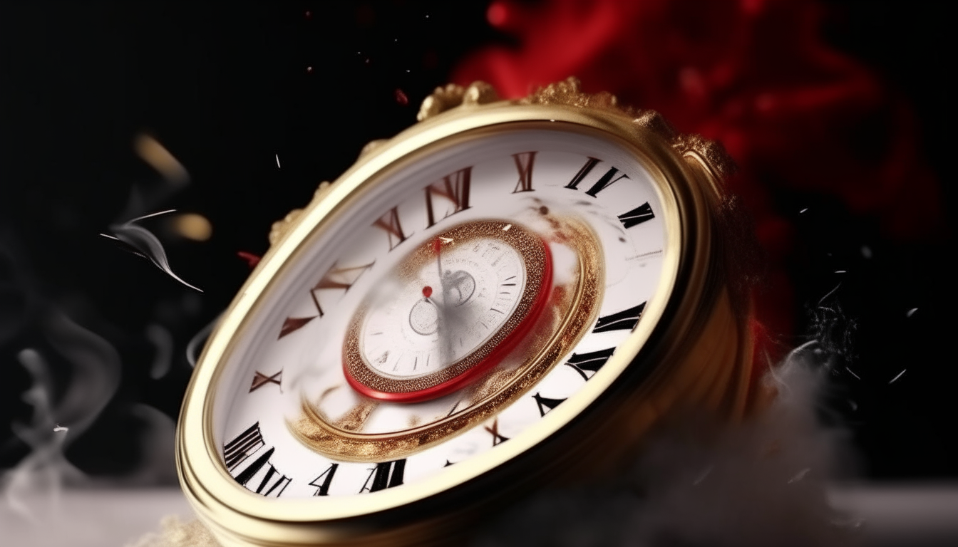artistic movement of a golden classical antic clock, light smoke coming out, glossy white ceramic face, shiny gold clock hands, white milky liquid splashing, black and red abstract background, ultra realistic videography, aesthetic white dropping fluid abstract background