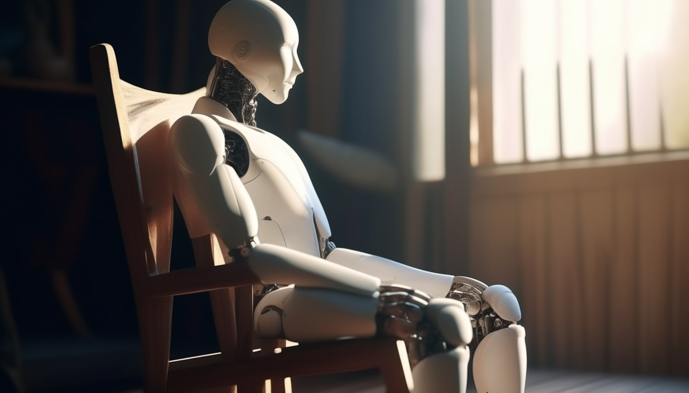 a beautiful bald hyper futuristic white porcelain super glossy ai humanoid robot sitting on a rustic chair in an old rustic wooden living room, the ray of sunlight create a magic atmosphere, ultra realistic photography, super sharp detail, insanely detailed, 8k resolution, high definition, film-look, natural lighting, dark-themed, super-toned, photorealistic masterpiece, 3D space, wide lens, Extremely wide, Establishing shot