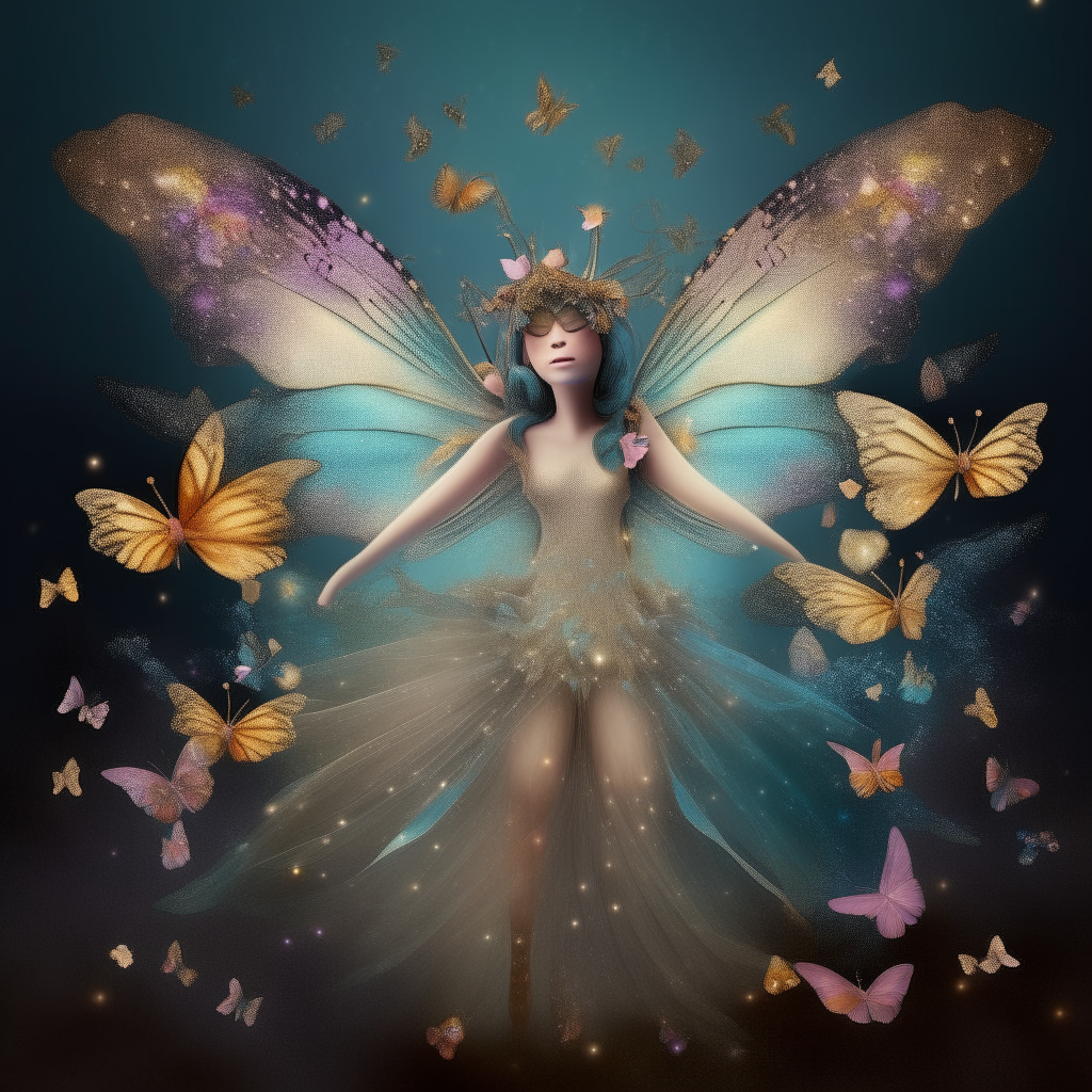 fairy with shimmering wings and letters morphing into butterflies
