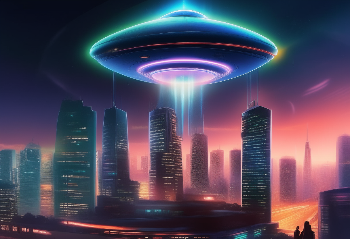 A flying saucer-shaped UFO hovering above a glittering skyline of tall, neon-lit skyscrapers in a futuristic city at night. The UFO has pulsing multi-colored lights and a glowing blue forcefield. In the distance, hovercars zoom between the towering buildings.