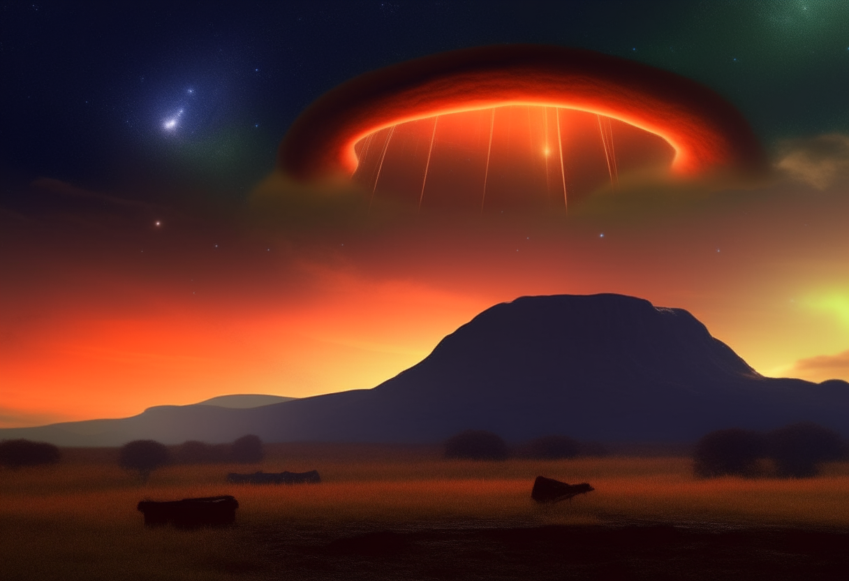 A glowing UFO hovers above a grassy plain, silhouetted against a night sky filled with stars. Woolly mammoths and saber-toothed cats gaze up at the mysterious lights from below. In the distance, volcanoes spew smoke and lava.