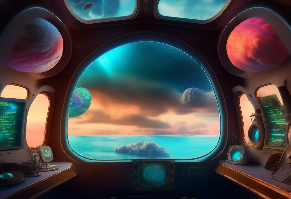 Through the viewing window of an alien spacecraft, the curve of a colorful planet fills the frame. Swirling clouds and glittering oceans are visible below. Buttons and screens glow with strange symbols on the sleek interior walls.