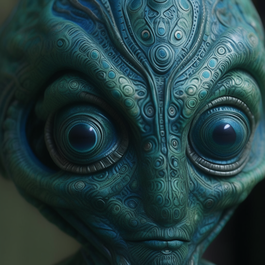 A close-up portrait of an alien's head and shoulders, showing intricate patterns on blue-green skin and six eyes with swirling irises.