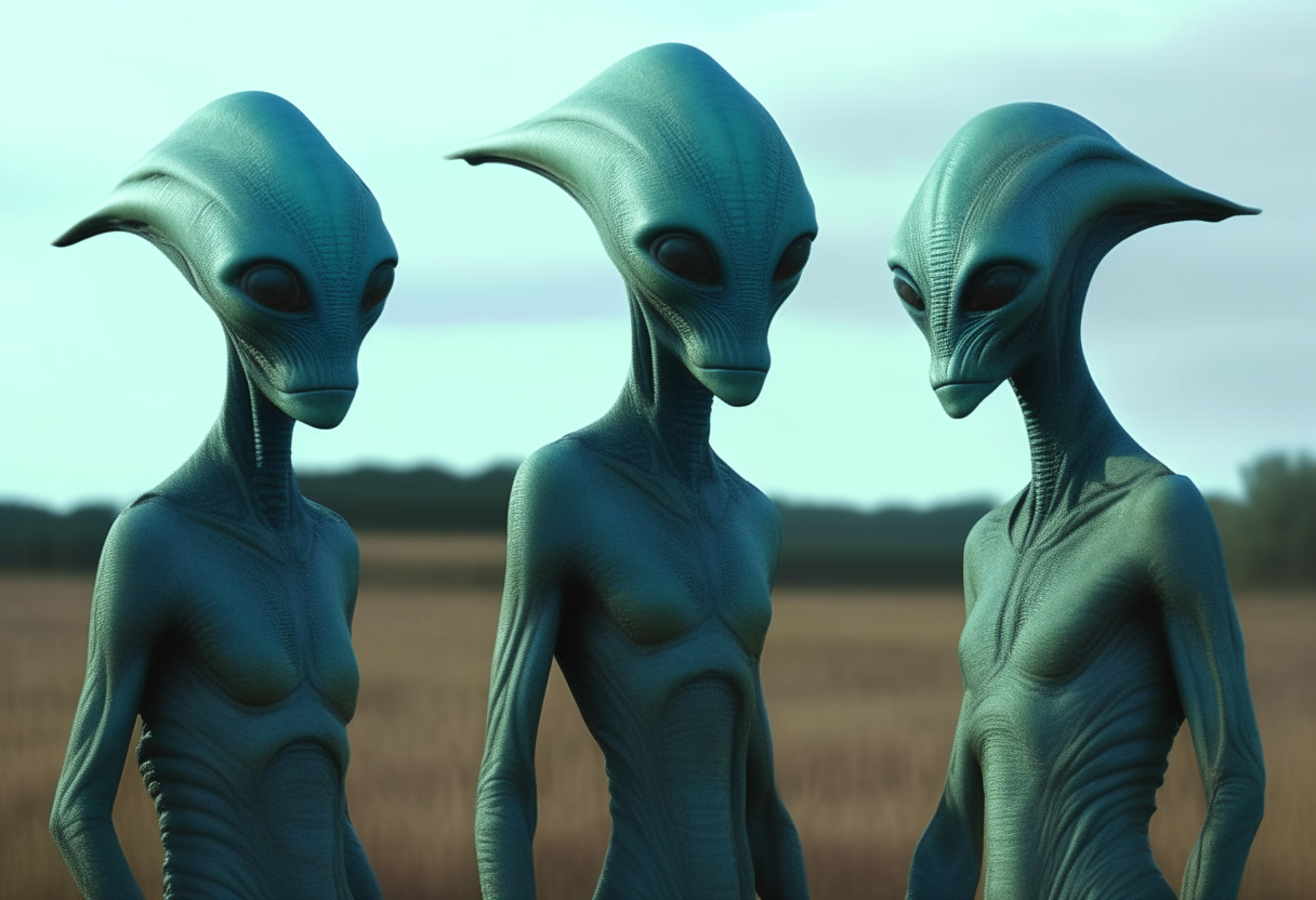 Three aliens stand in an open field, conversing in their native language. They have blue-green skin with subtle patterns and large dark eyes. The aliens wear simple garments and appear at ease in their natural surroundings.