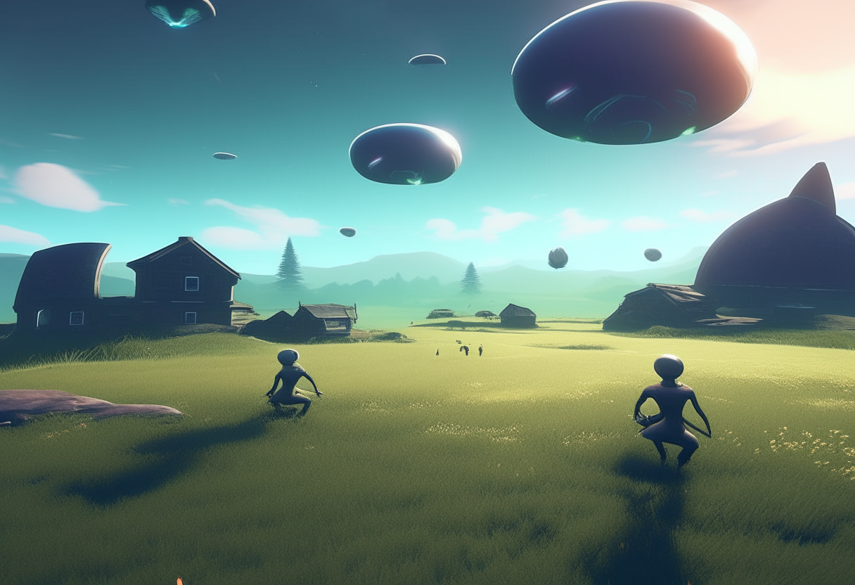 Two aliens play a game involving hovering orbs in a grassy field, their village visible in the distance.