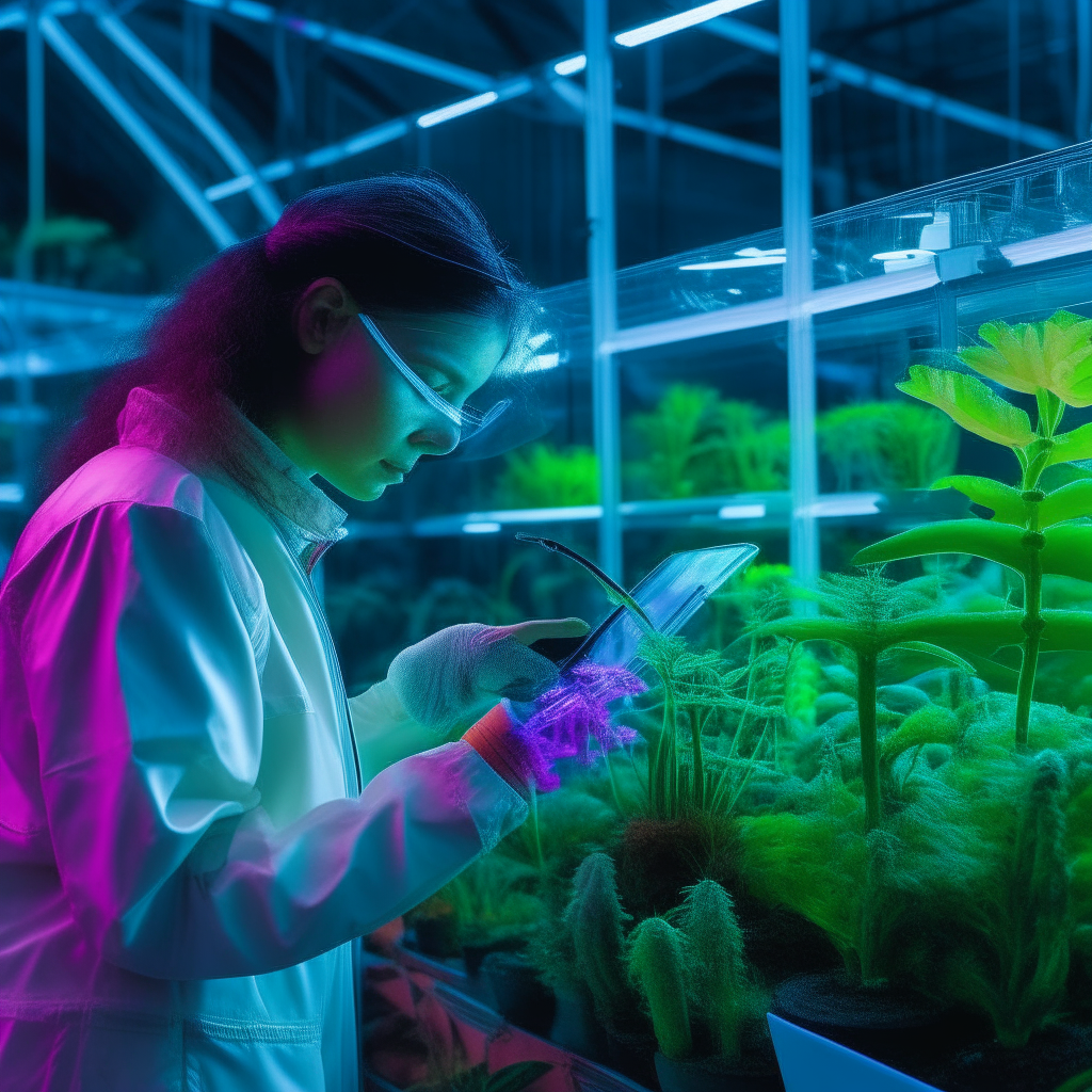 An alien scientist examines colorful plant specimens in a high-tech greenhouse.