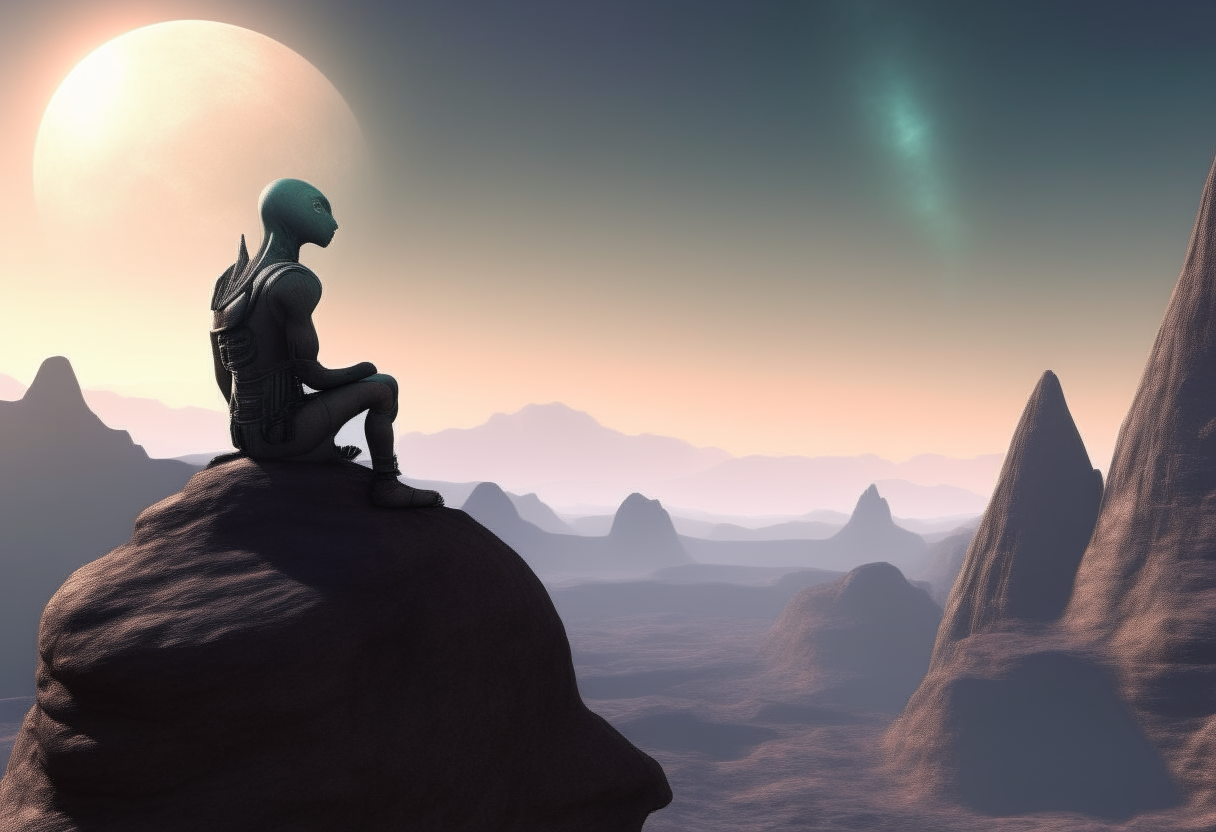 An alien elder sits on a rocky outcrop, gazing at the twin suns setting over rugged mountains.