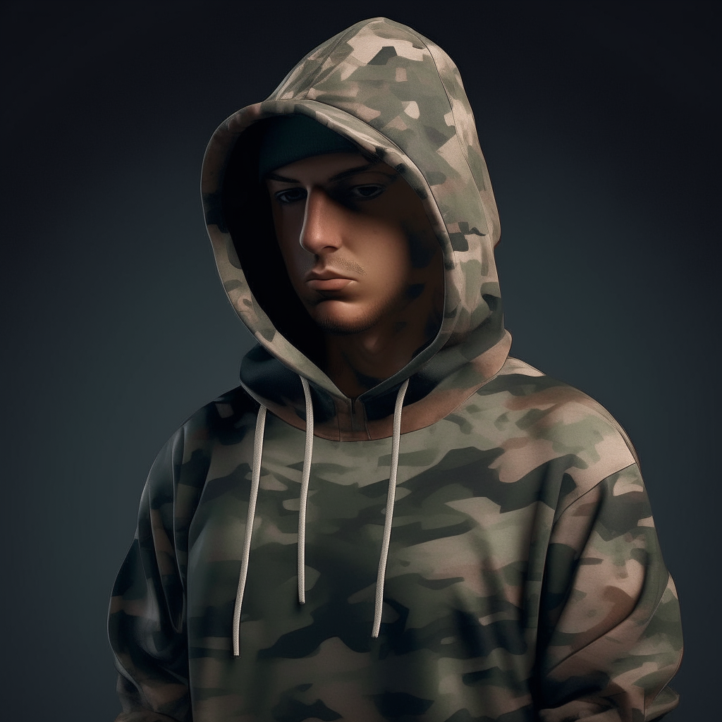 "Introduce the hooded  turkish rapper man figure with shaved sides and loosely gathered, randomly cut, shoulder-length hair. They wear a camouflage-patterned hooded sweatshirt and a cap with the same pattern. The overall appearance is casual yet mysterious."