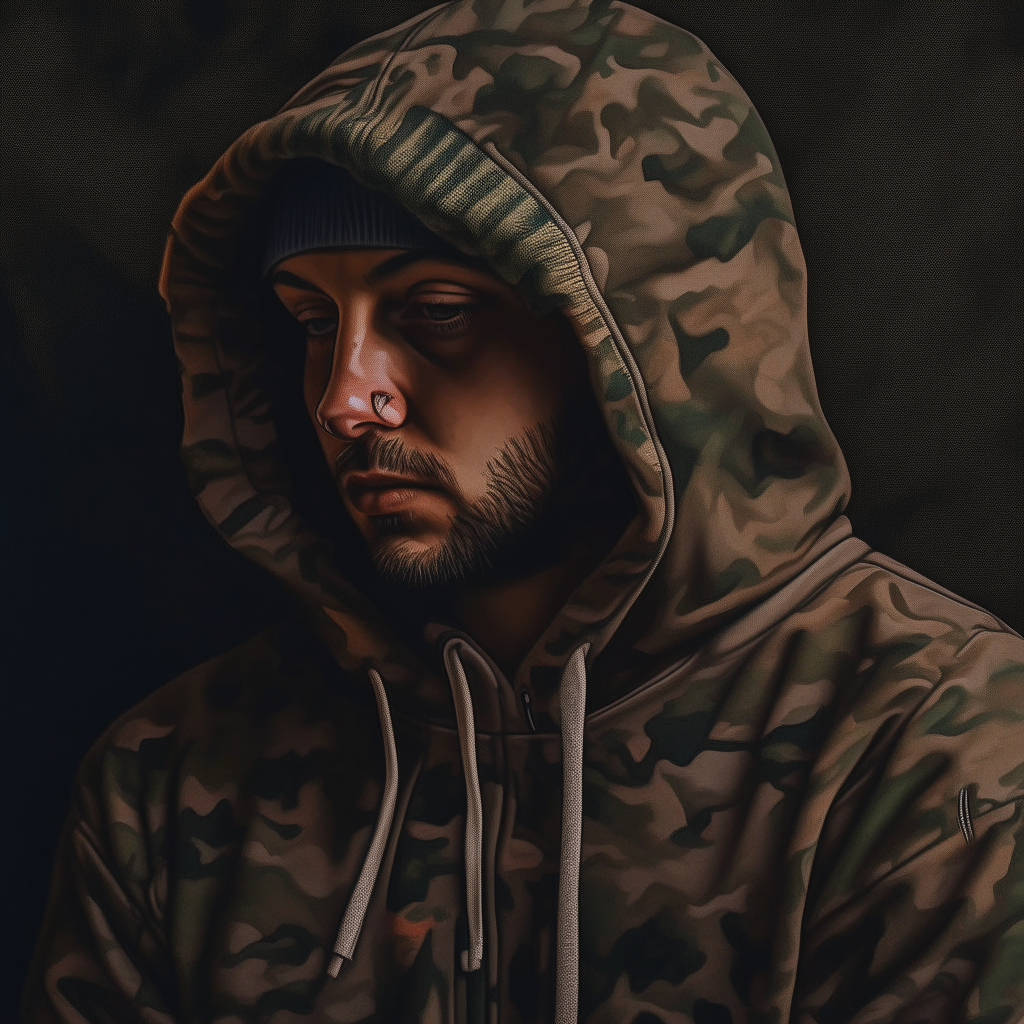 "Introduce the hooded turkish rapper man figure with shaved sides and loosely gathered, randomly cut, shoulder-length hair. They wear a camouflage-patterned hooded sweatshirt and a cap with the same pattern.