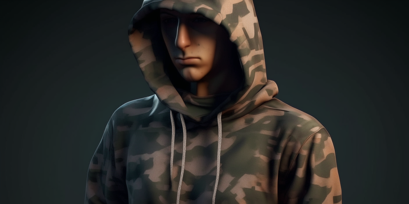 Introduce the hooded turkish rapper man figure with shaved sides and loosely gathered, randomly cut, shoulder-length hair. They wear a camouflage-patterned hooded sweatshirt and a cap with the same pattern. The overall appearance is casual yet mysterious.