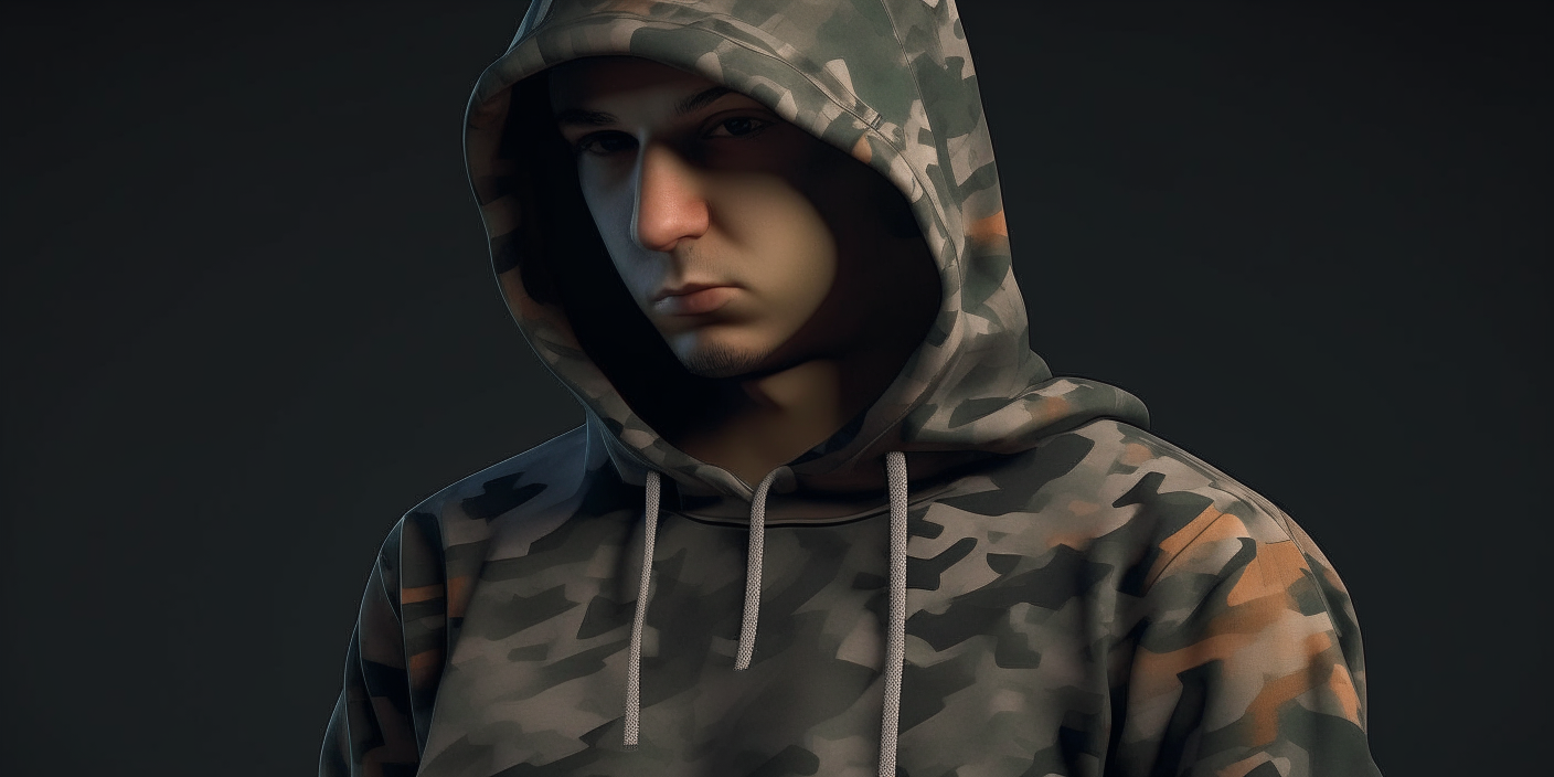 Introduce the hooded turkish rapper man figure with shaved sides and loosely gathered, randomly cut, shoulder-length hair. They wear a camouflage-patterned hooded sweatshirt and a cap with the same pattern. The overall appearance is casual yet mysterious.