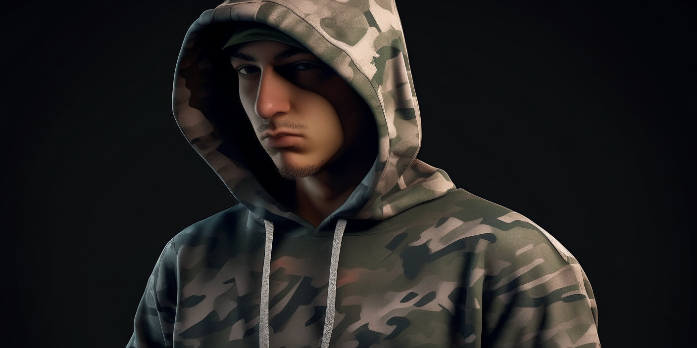 Introduce the hooded turkish rapper man figure with shaved sides and loosely gathered, randomly cut, shoulder-length hair. They wear a camouflage-patterned hooded sweatshirt and a cap with the same pattern. The overall appearance is casual yet mysterious.