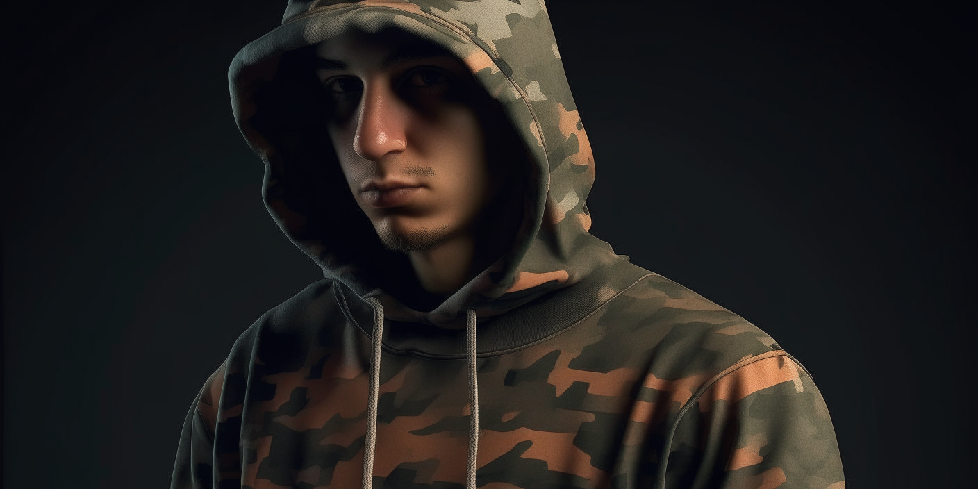 Introduce the hooded turkish rapper man figure with shaved sides and loosely gathered, randomly cut, shoulder-length hair. They wear a camouflage-patterned hooded sweatshirt and a cap with the same pattern. The overall appearance is casual yet mysterious.