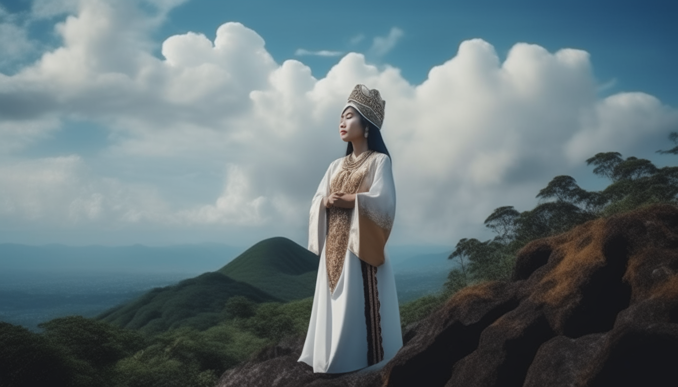 a very beautiful curvy Javanese queen, natural beauty without make up, black long hair, gentle breeze, calm but deep killing looking in the eyes, standing on a mountain located in Indonesia, white cloud below, gracefully looking to the camera over her shoulder, back view shot, coconut trees, mountain, blue sky with white cloud