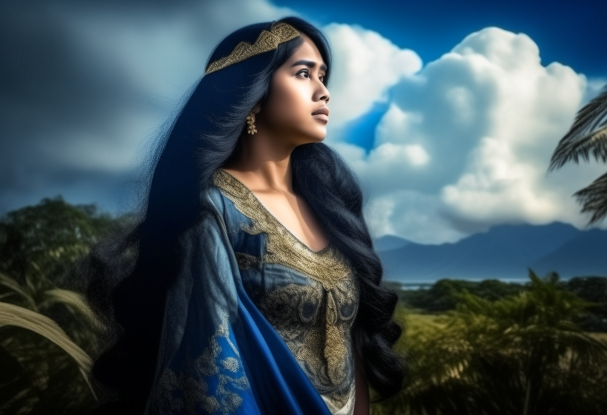 a very beautiful curvy Javanese queen, natural beauty without make up, black long hair, gentle breeze, calm but deep killing looking in the eyes, standing on a mountain located in Indonesia, white cloud below, gracefully looking to the camera over her shoulder, back view shot, coconut trees, mountain, blue sky with white cloud, ultra realistic photography
