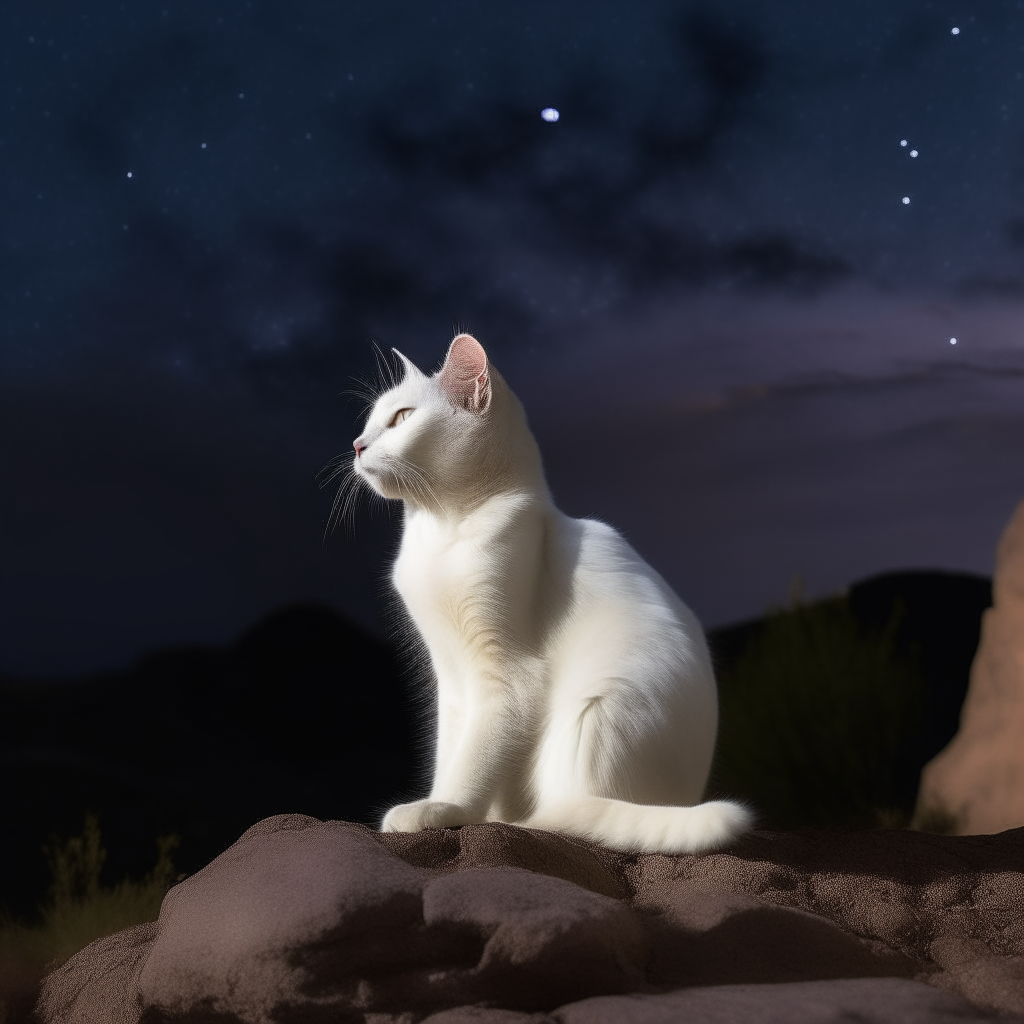 a white cat sitting on a rocky outcrop, watching the night sky