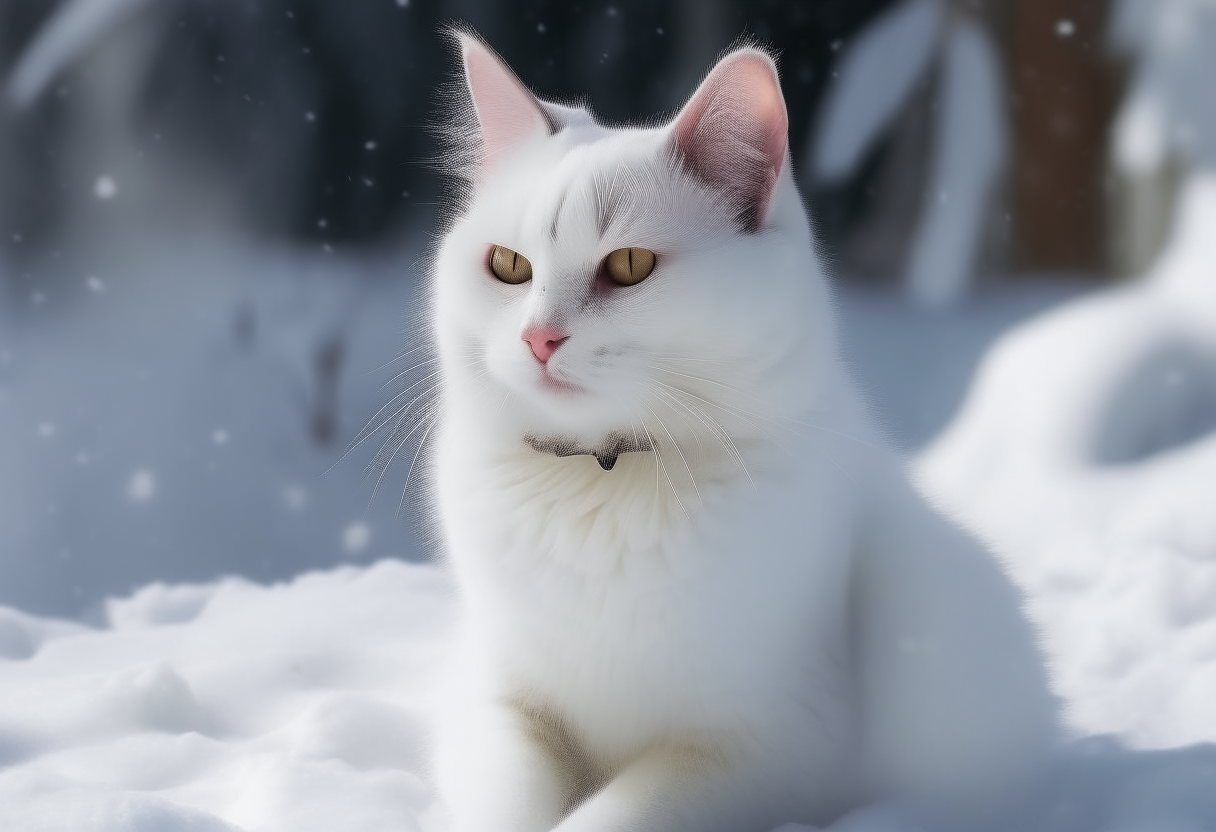 a happy white cat sitting in fresh snow, 3:2 aspect ratio