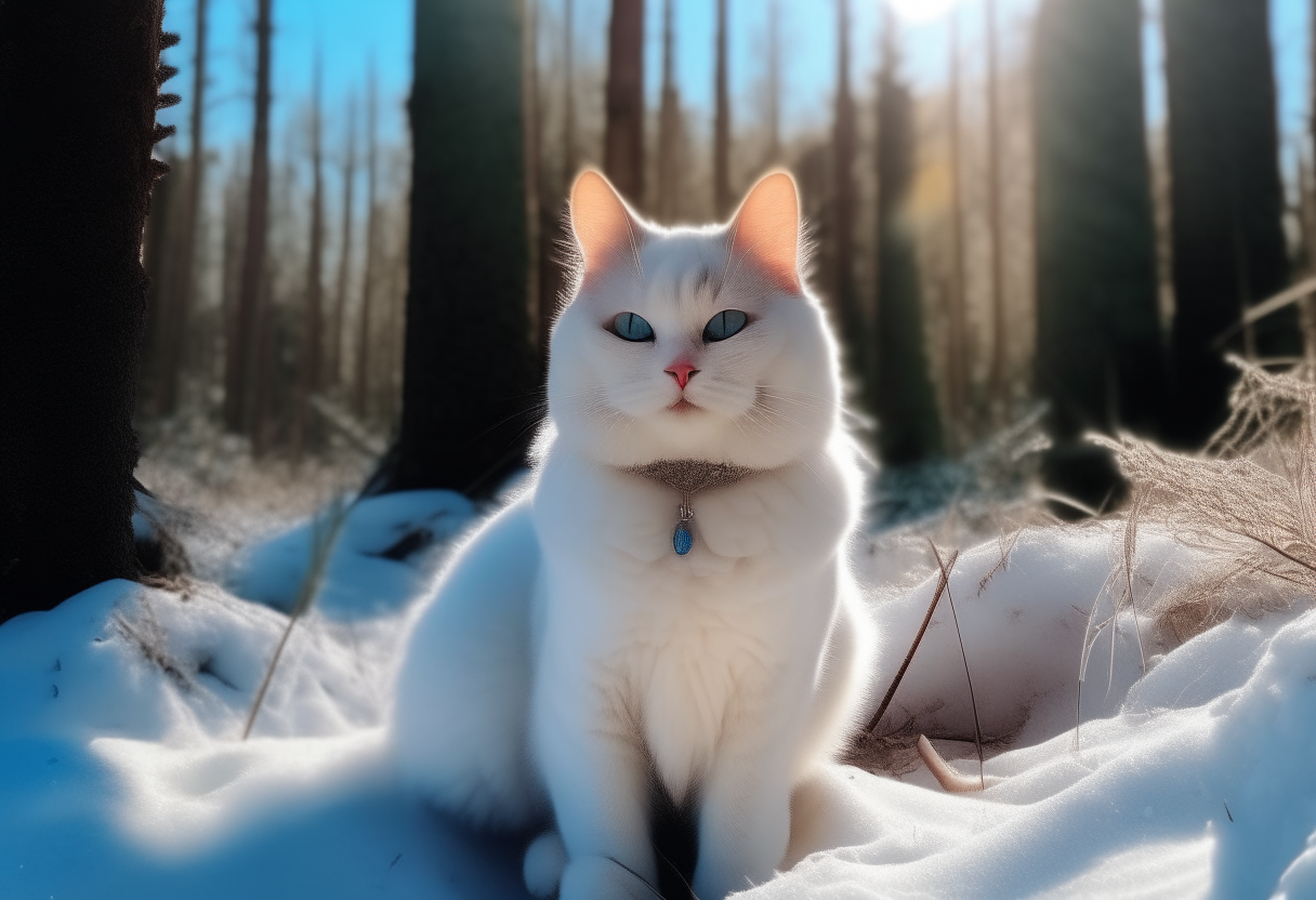 a happy white cat sitting in a snow-covered pine forest on a sunny winter day