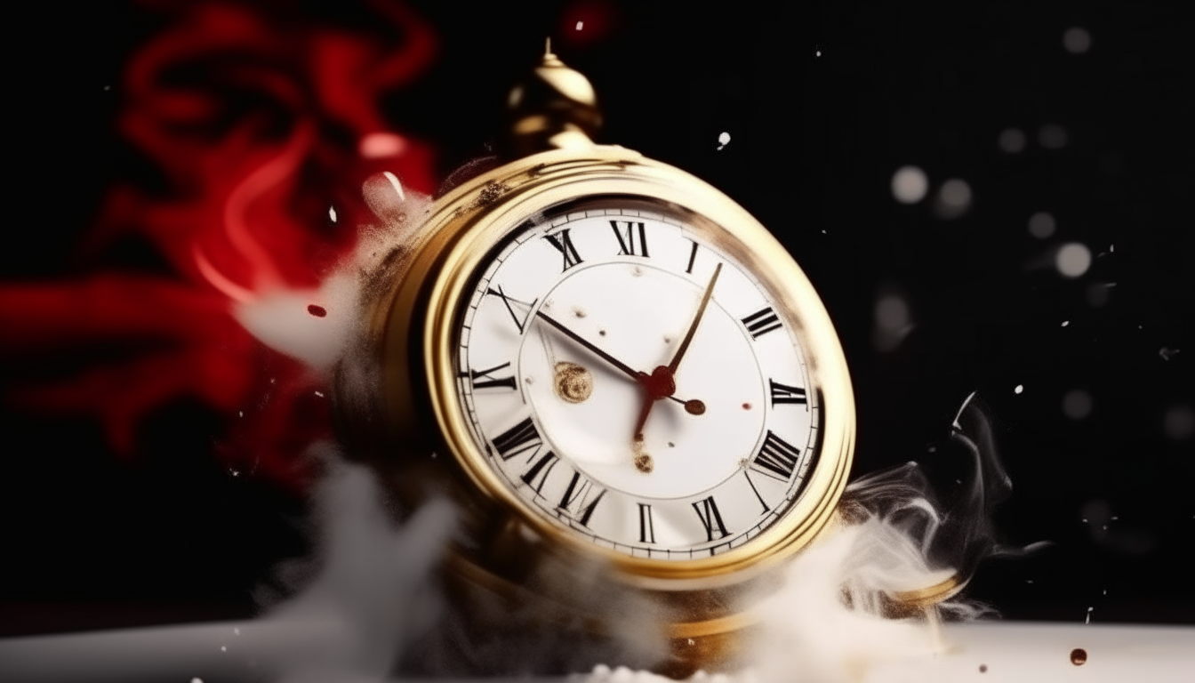 artistic movement of a golden classical antic clock, light smoke coming out, glossy white ceramic face, shiny gold clock hands, white milky liquid splashing, black and red abstract background, ultra realistic videography, aesthetic white dropping fluid abstract background