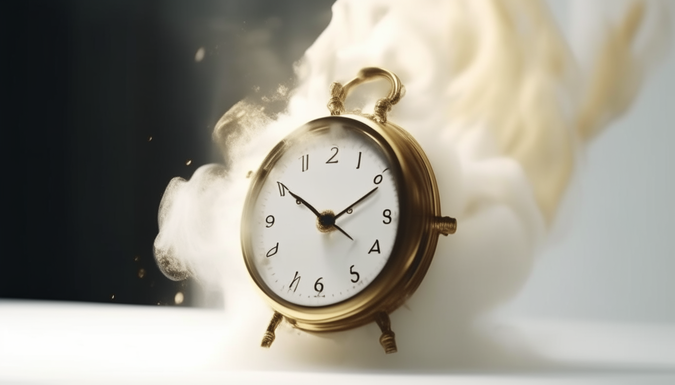 artistic movement of a golden classical antique clock, light smoke coming out, glossy white ceramic face, shiny gold clock hands, white milky liquid splashing, ultra realistic videography, aesthetic white dropping fluid abstract background