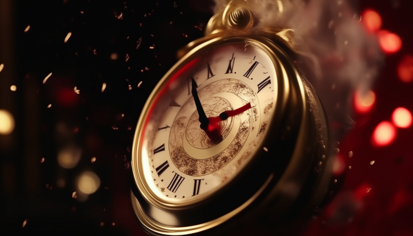 artistic movement of a golden classical antic clock, light smoke coming out, glossy white ceramic face, shiny gold clock hands, white milky liquid splashing, black and red abstract background, ultra realistic videography, aesthetic white dropping fluid abstract background