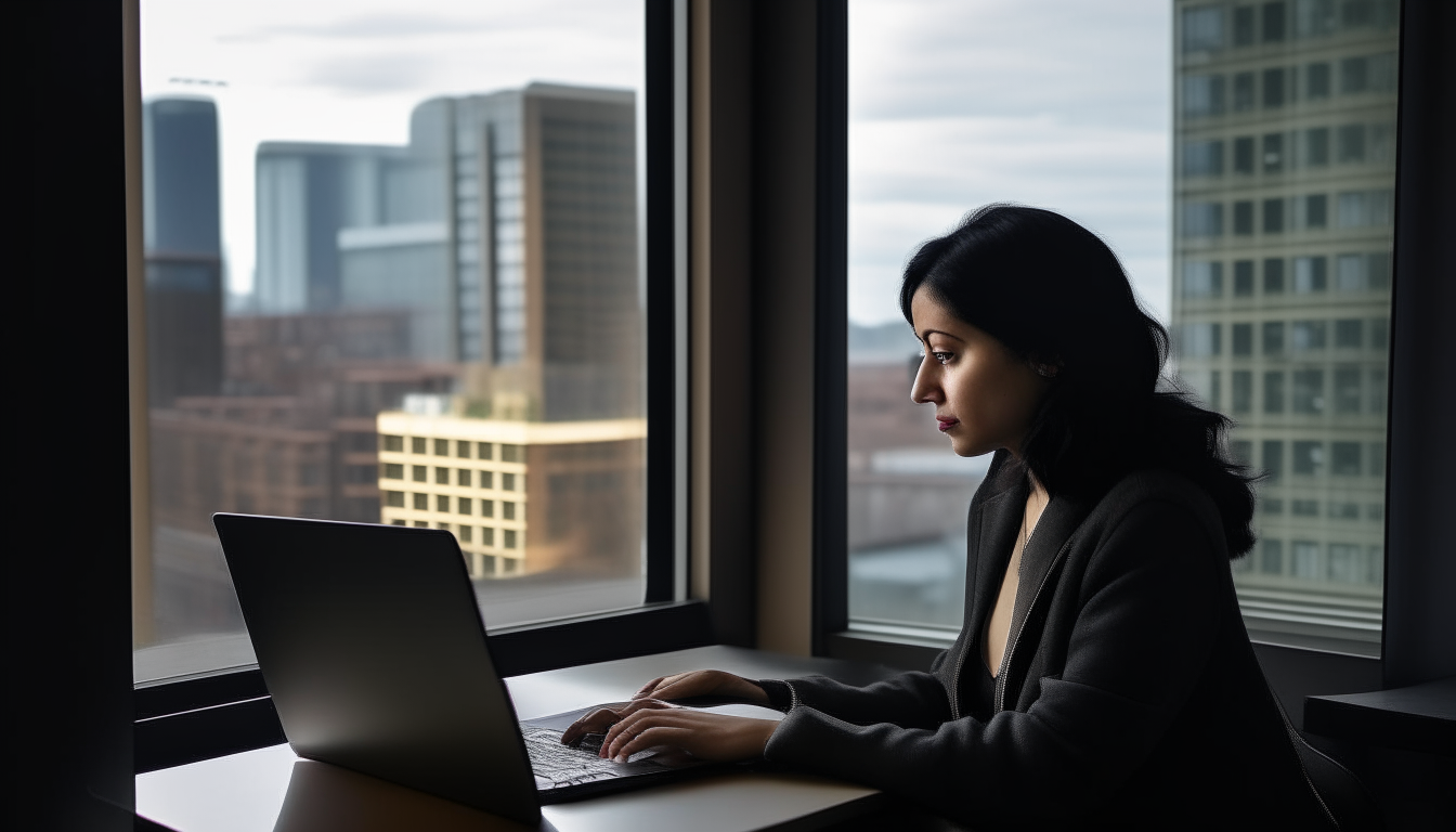 woman with black hair sitting at a desk using a laptop computer, cityscape visible through a large window