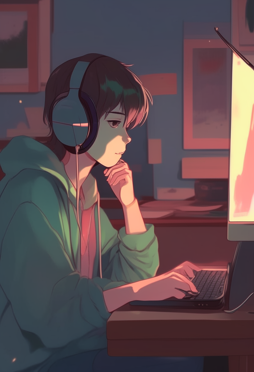 anime boy with headphones sitting at a desk with a laptop, lofi girl style, lofi artstyle, lofi feel, lofi colors, in style of atey ghailan, lofi hip hop, inspired by Atey Ghailan, lofi portrait