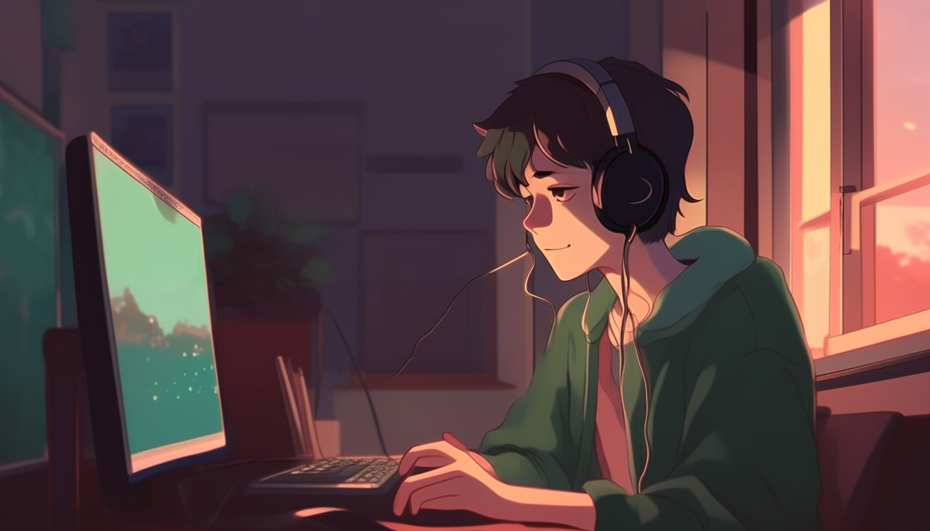 anime boy with headphones sitting at a desk with a laptop, lofi artstyle, lofi feel, lofi colors, inspired by atey ghailan, lofi portrait