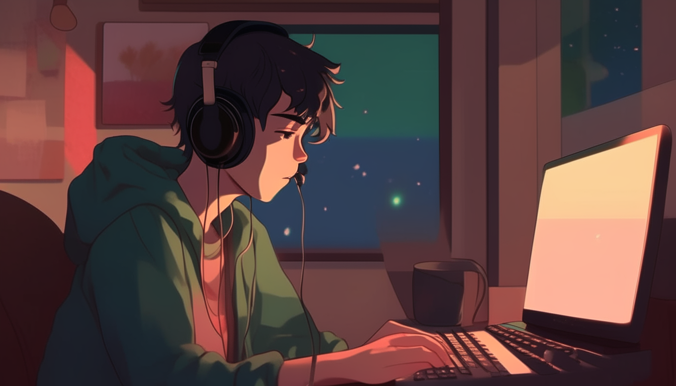 anime boy with headphones sitting at a desk with a laptop, lofi artstyle, lofi feel, lofi colors, inspired by atey ghailan, lofi portrait