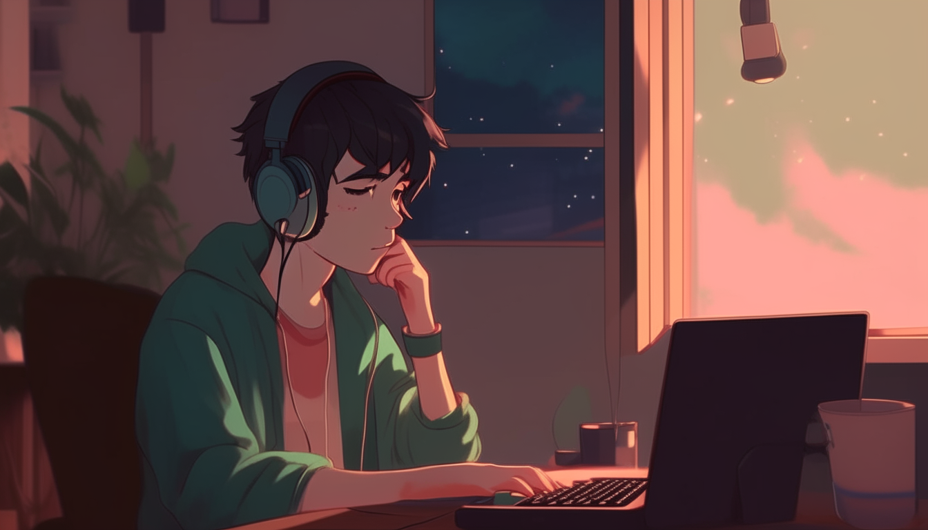 anime boy with headphones sitting at a desk with a laptop, lofi artstyle, lofi feel, lofi colors, inspired by atey ghailan, lofi portrait