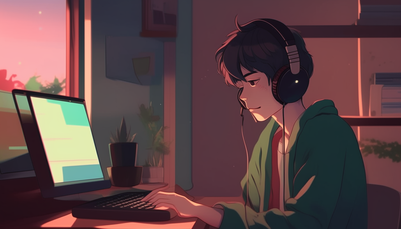 anime boy with headphones sitting at a desk with a laptop, lofi artstyle, lofi feel, lofi colors, inspired by atey ghailan, lofi portrait