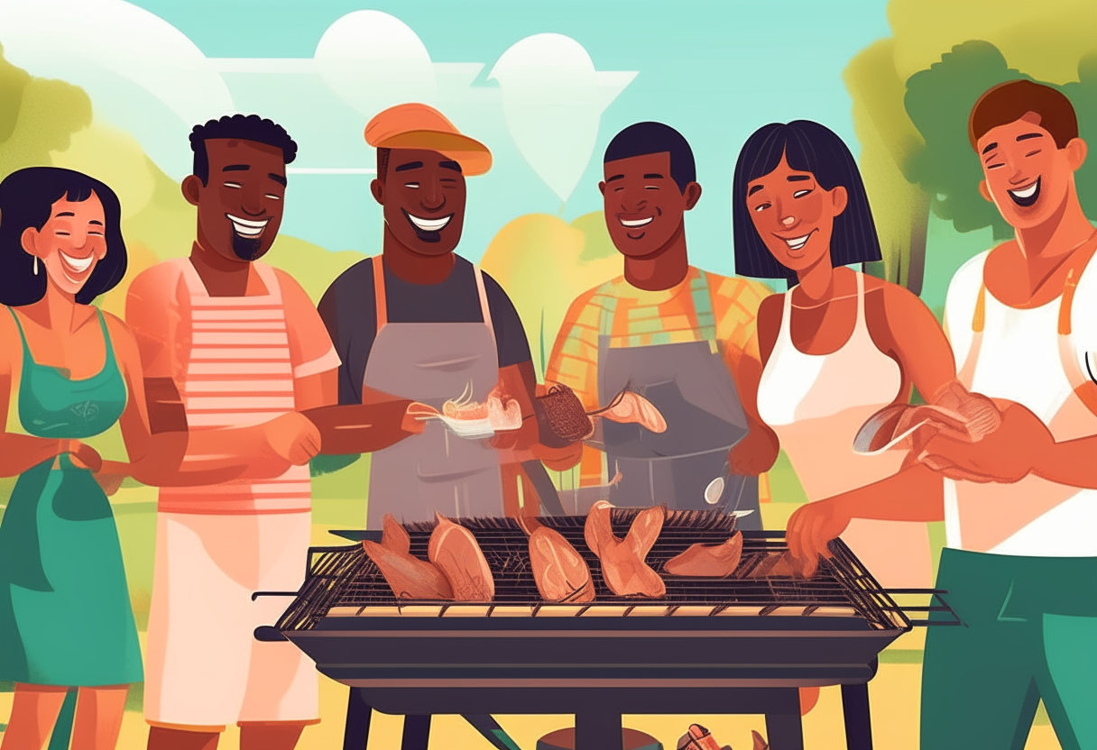 a group of happy, diverse people grilling bbq in the sunshine, smiling, realistic