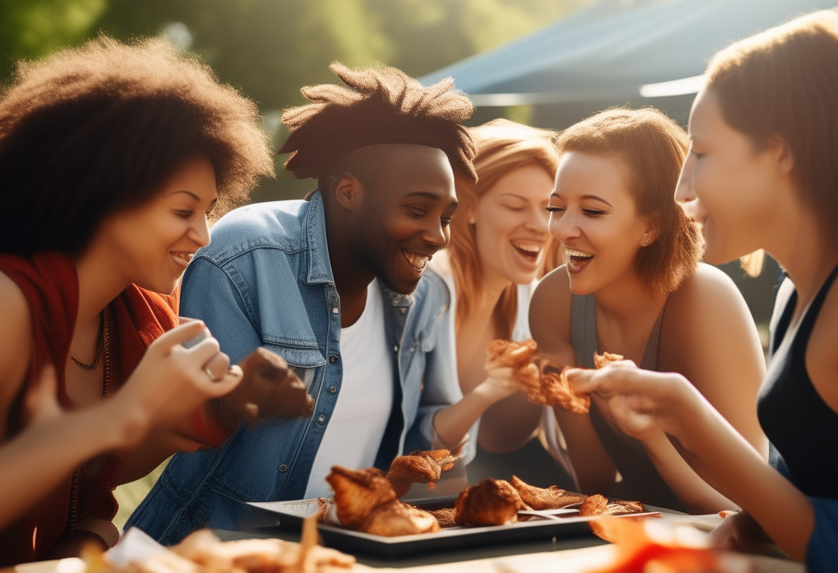 a group of happy, diverse people eating bbq chicken wings in the sunshine, smiling