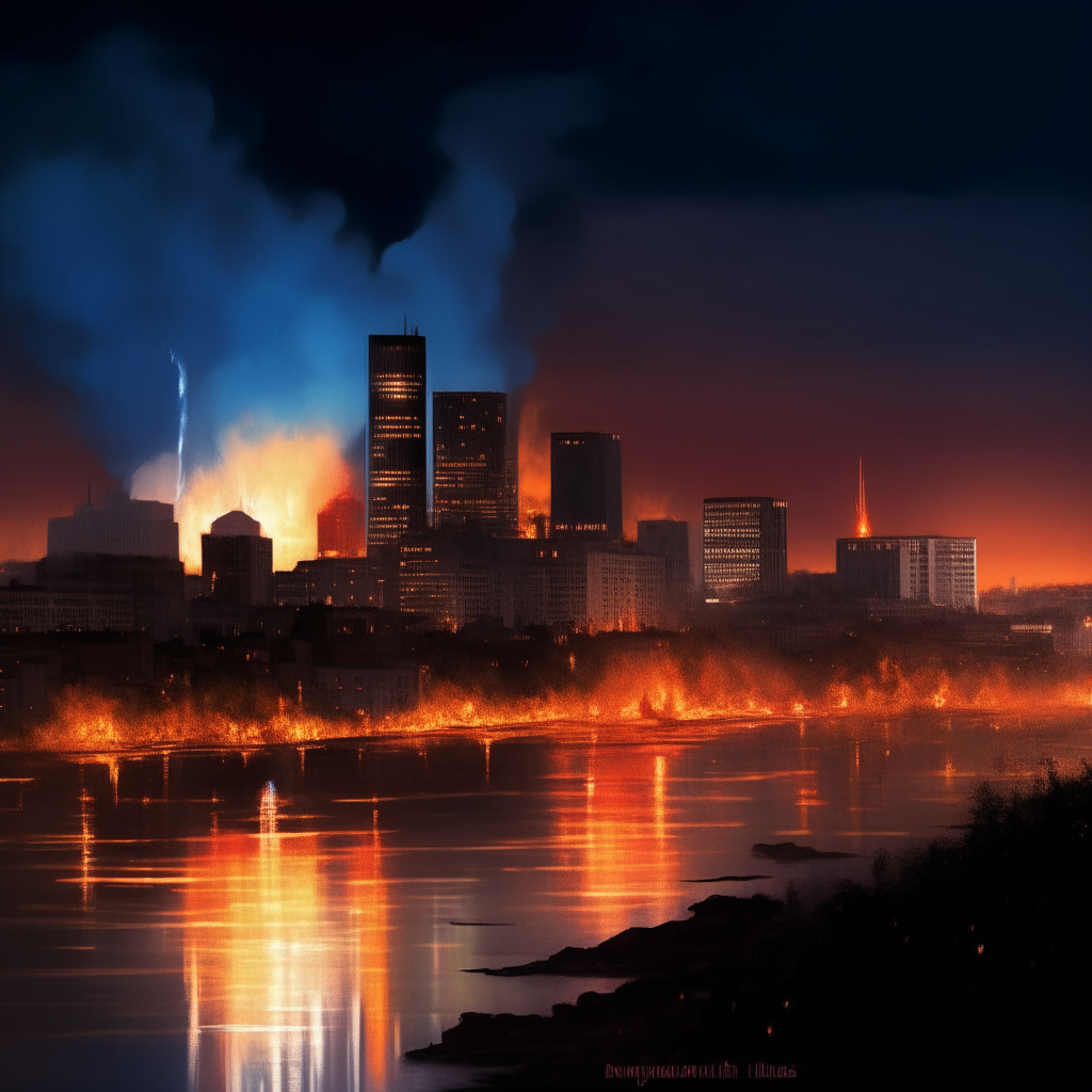 a view of a burning city at night from across the river, with flames engulfing the skyline