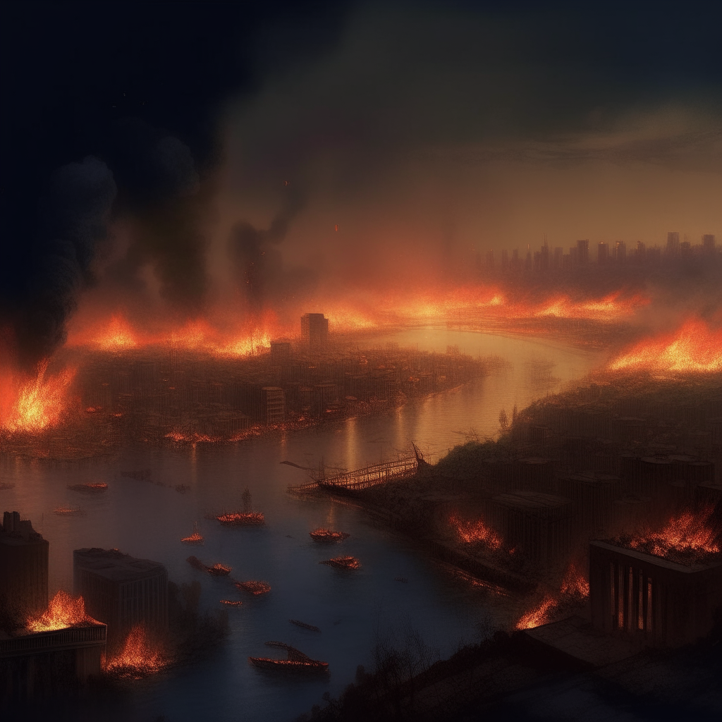 a view of a burning city at night overrun with zombies, from across the river