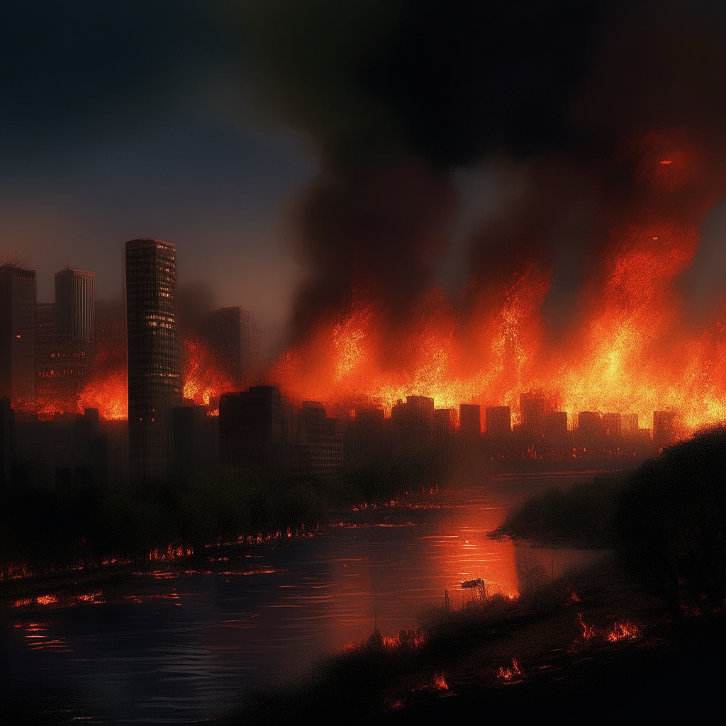 the city skyline is engulfed in flames at night as zombies swarm across the river