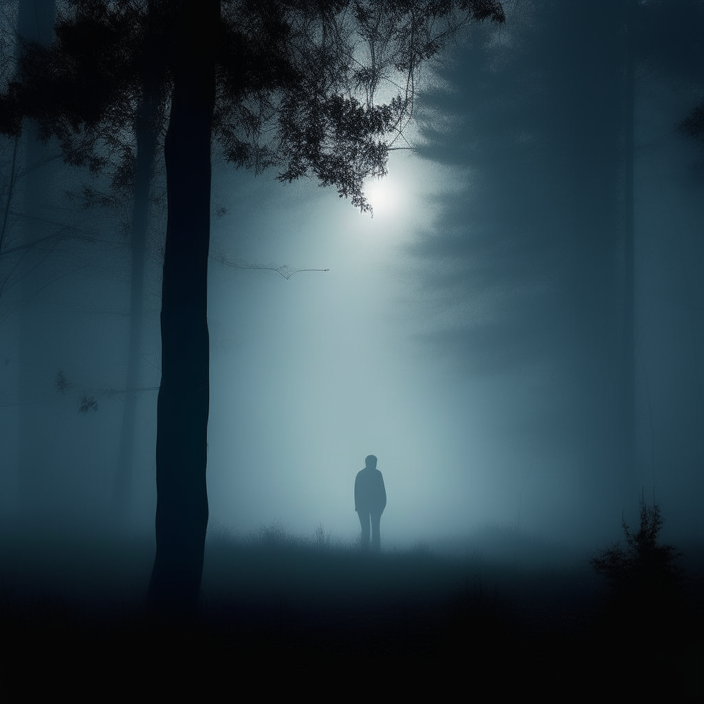 Silhouette of a lone figure walking through fog in a dark forest at night