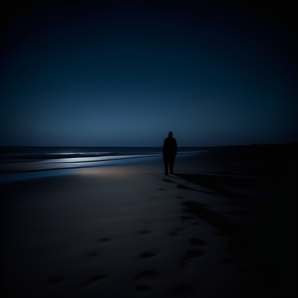 Silhouette of a man walking alone at night on a deserted beach